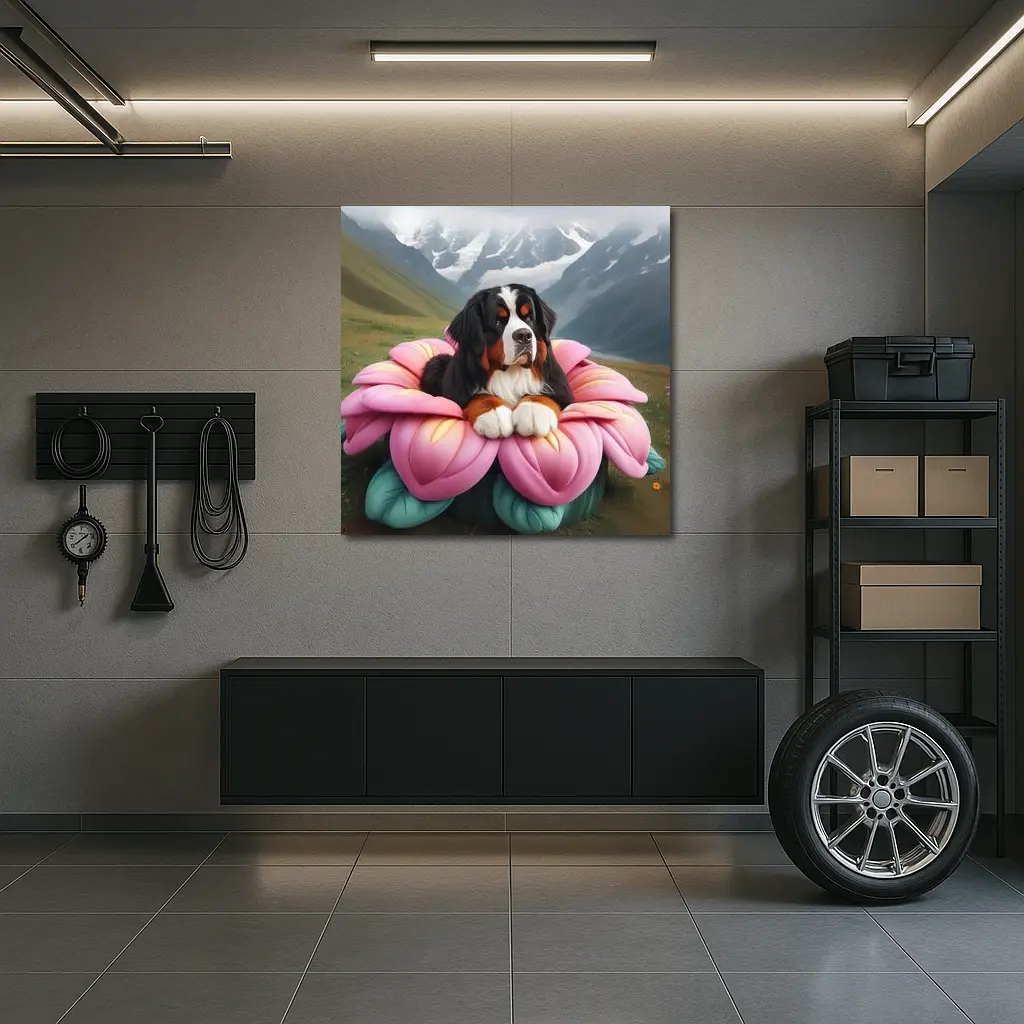 Bernese Mountain Dog Pink Flower Alpine Valley – Wall Art