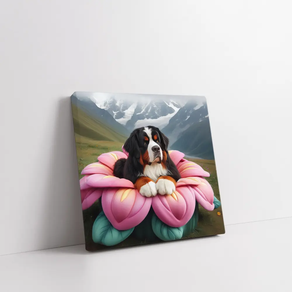 Bernese Mountain Dog Pink Flower Alpine Valley – Wall Art