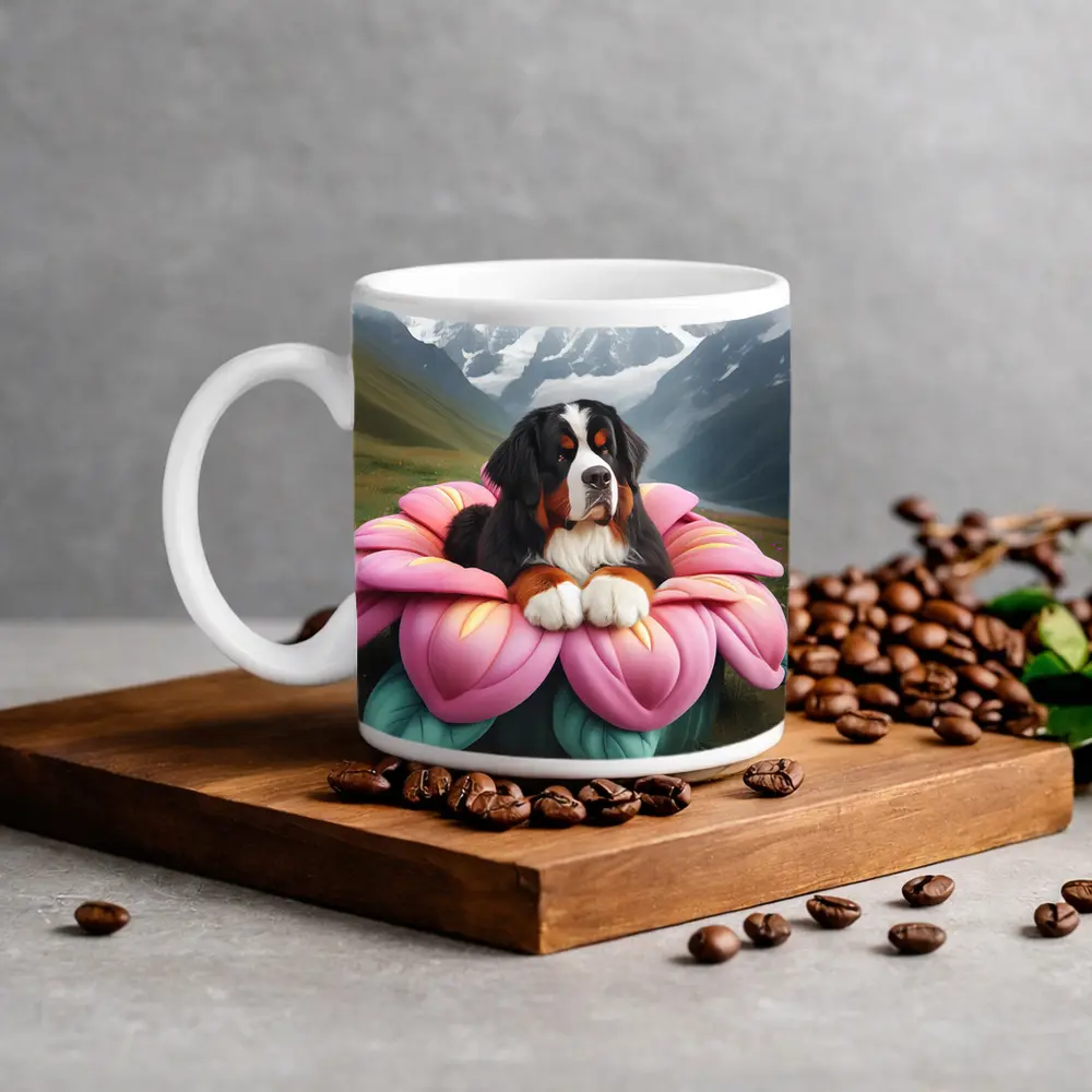 Bernese Mountain Dog Pink Flower Alpine Valley – Mugs