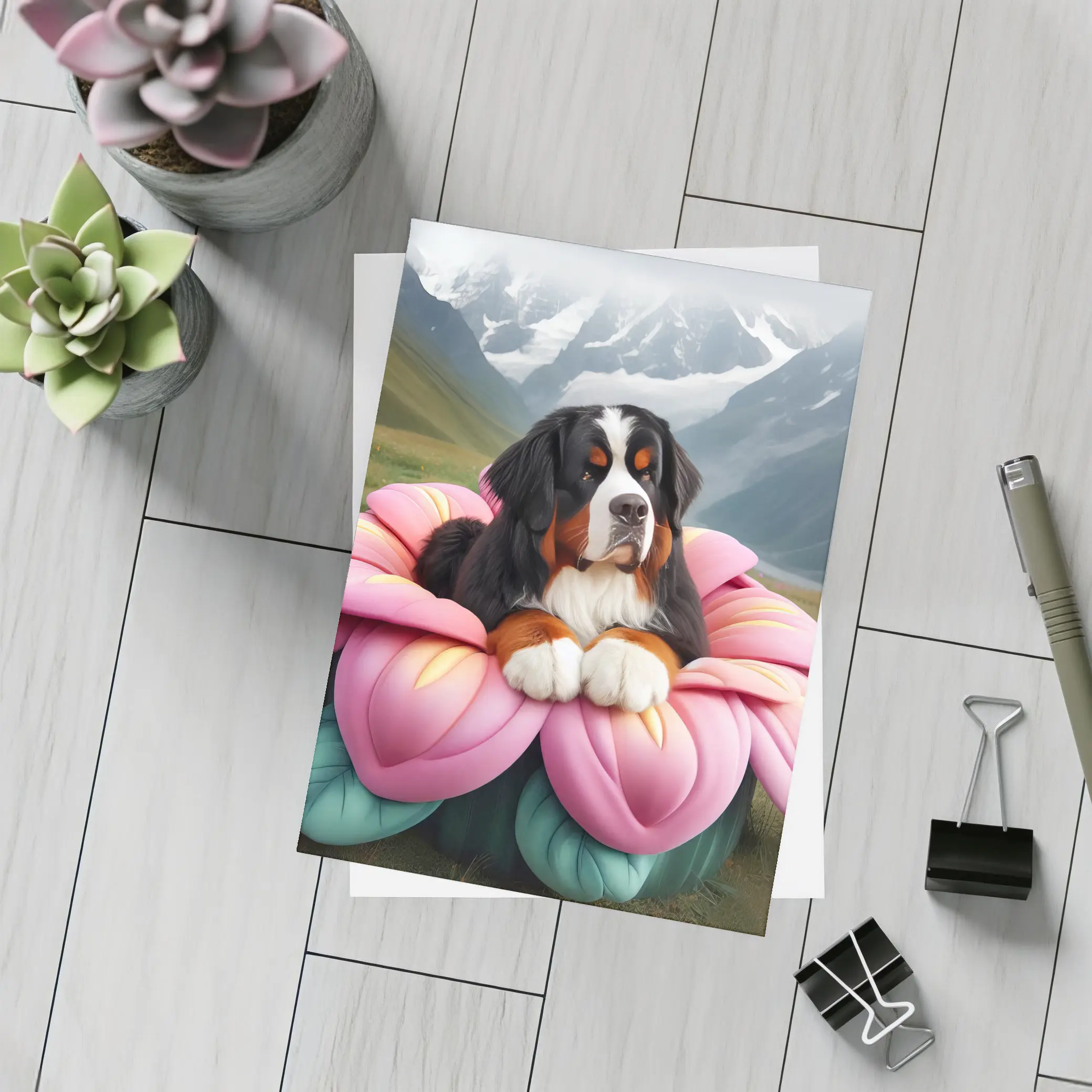 Bernese Mountain Dog Pink Flower Alpine Valley – Postcards