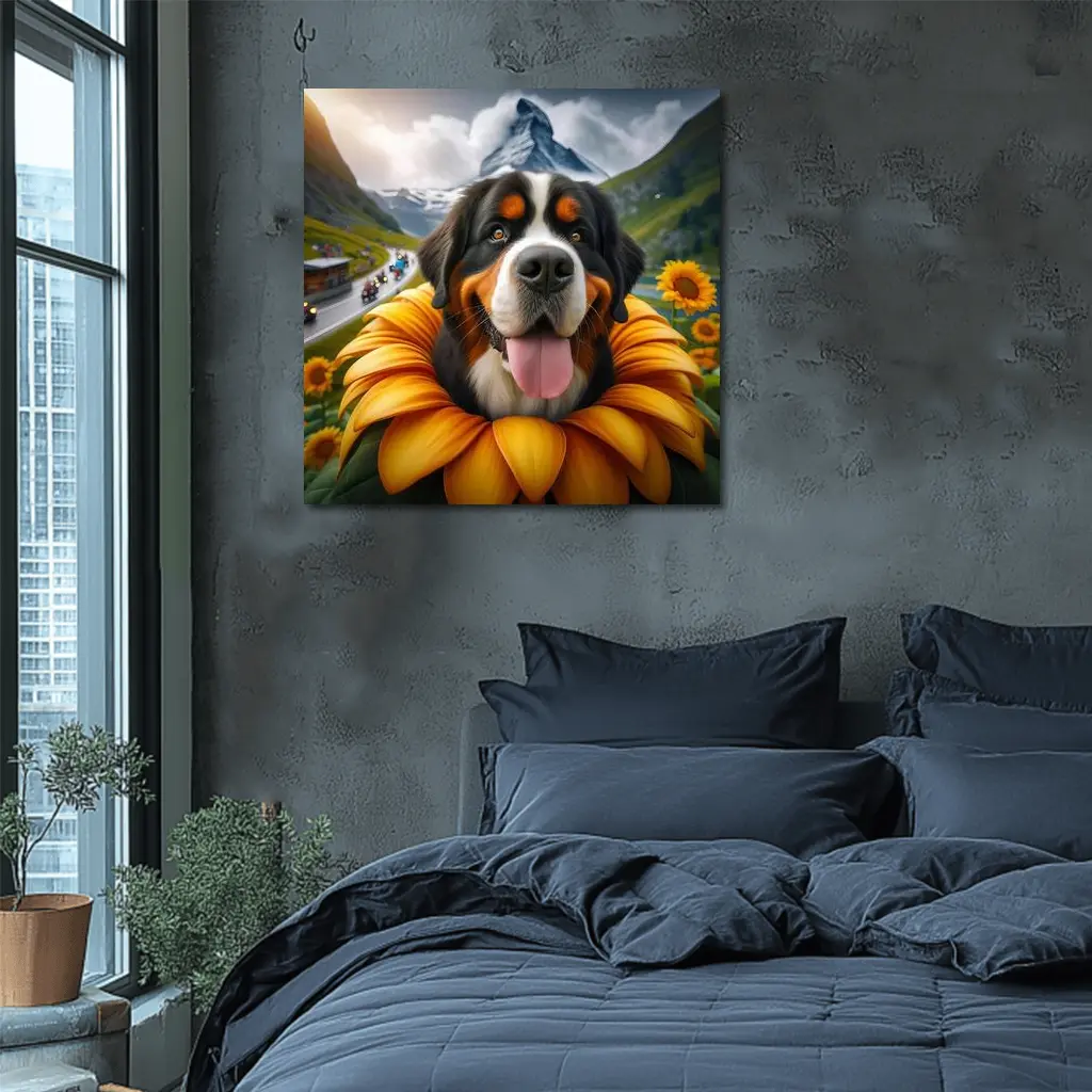 Bernese Mountain Dog Sunflower Alpine Background – Wall Art