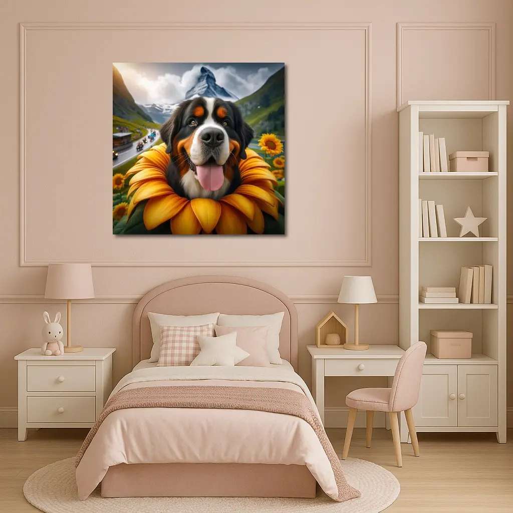 Bernese Mountain Dog Sunflower Alpine Background – Wall Art