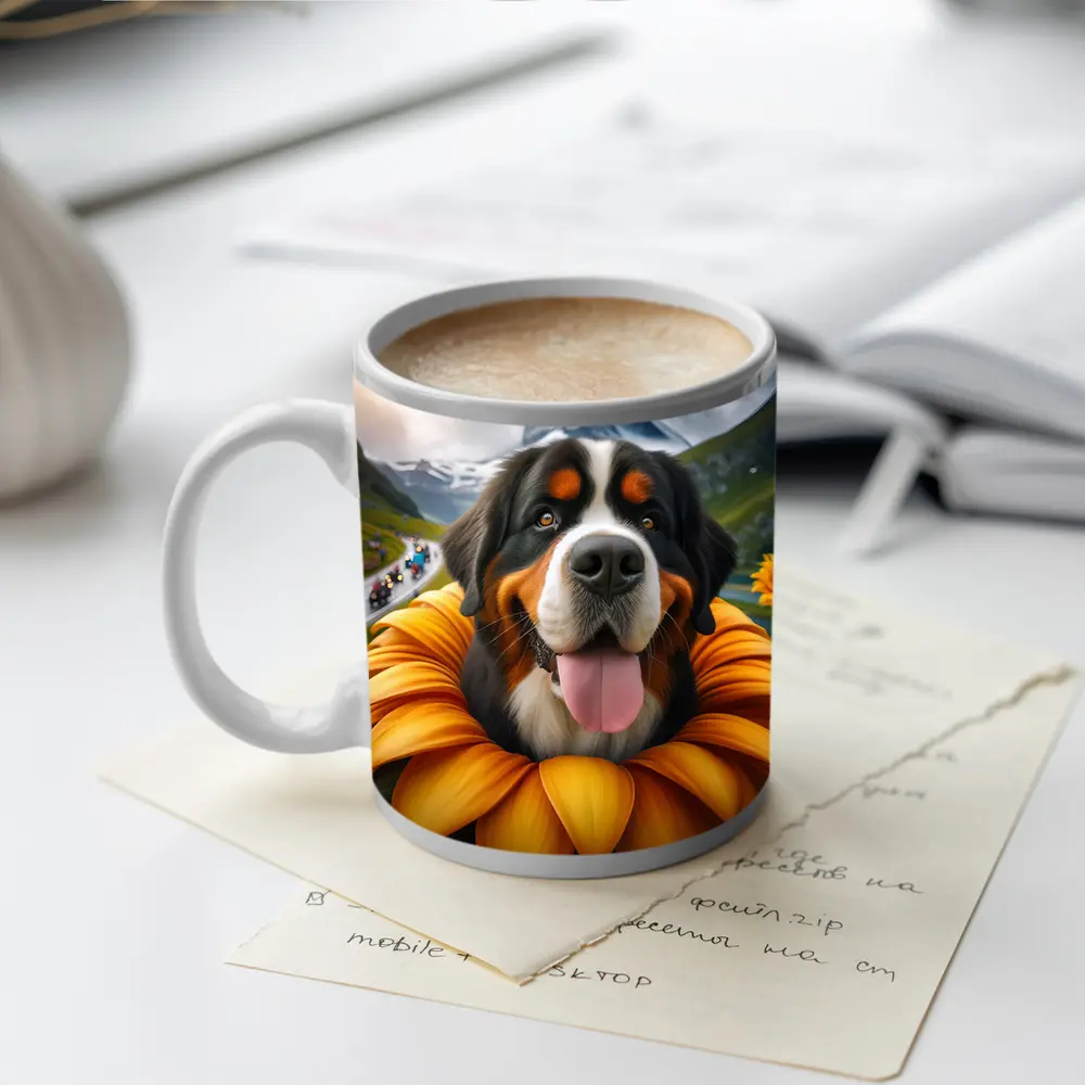 Bernese Mountain Dog Sunflower Alpine Background – Mugs