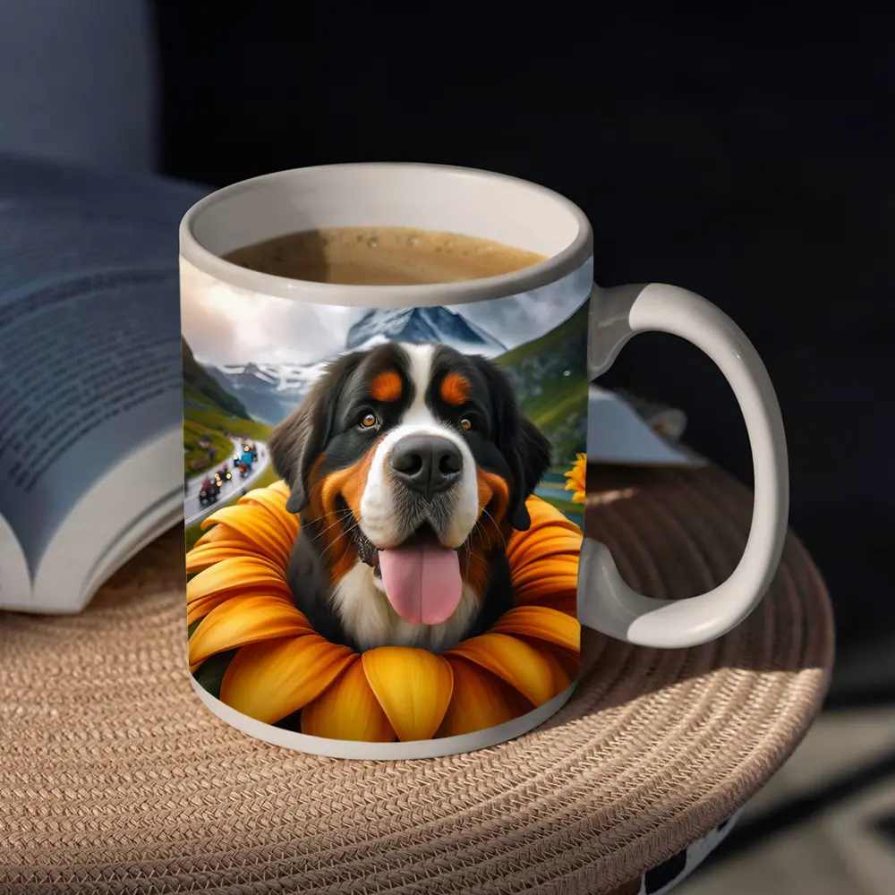 Bernese Mountain Dog Sunflower Alpine Background – Mugs