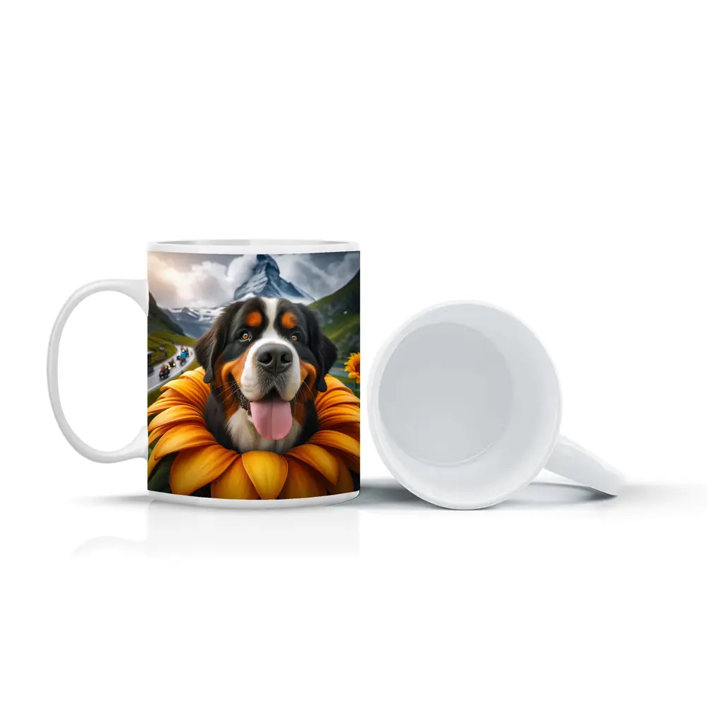 Bernese Mountain Dog Sunflower Alpine Background – Mugs