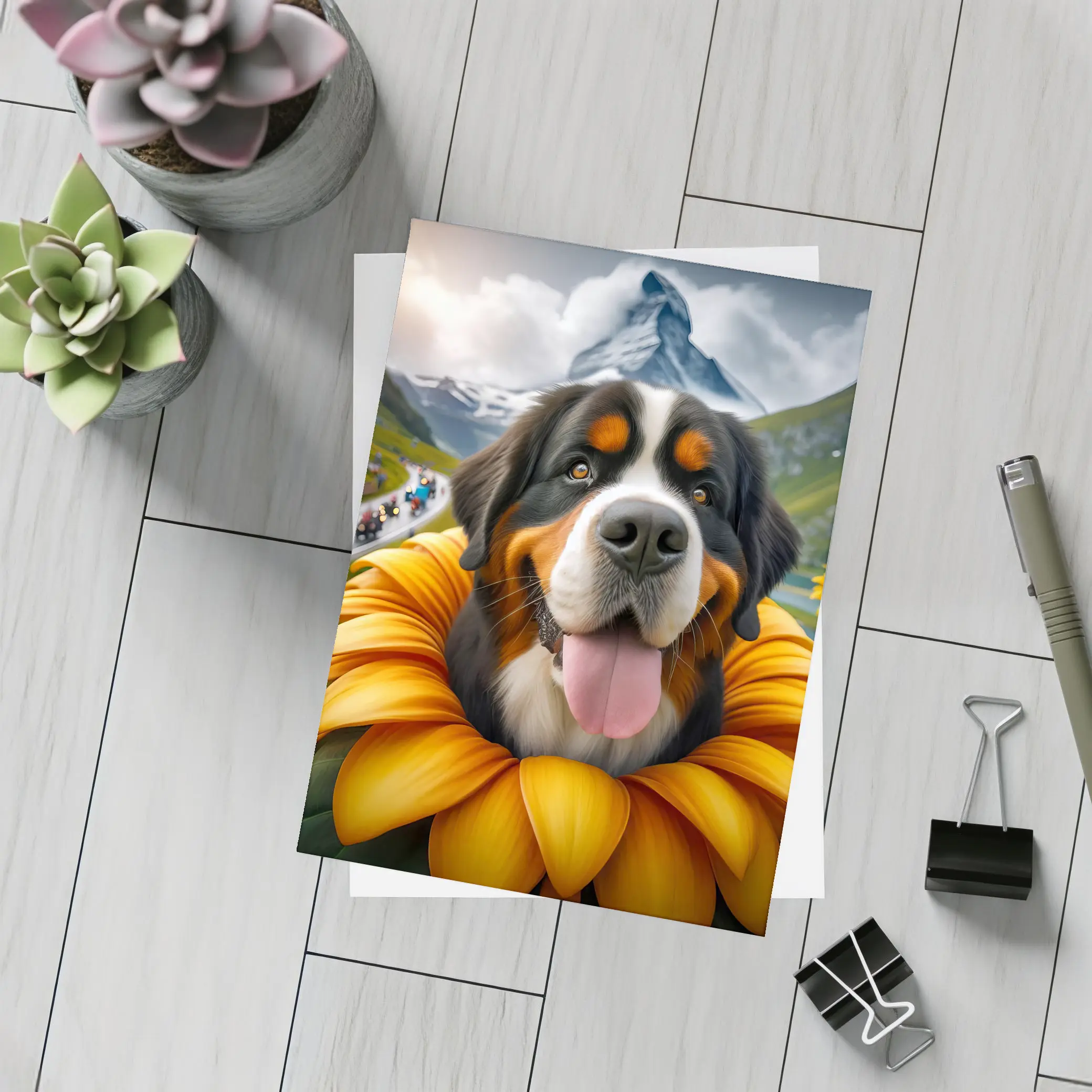Bernese Mountain Dog Sunflower Alpine Background – Postcards