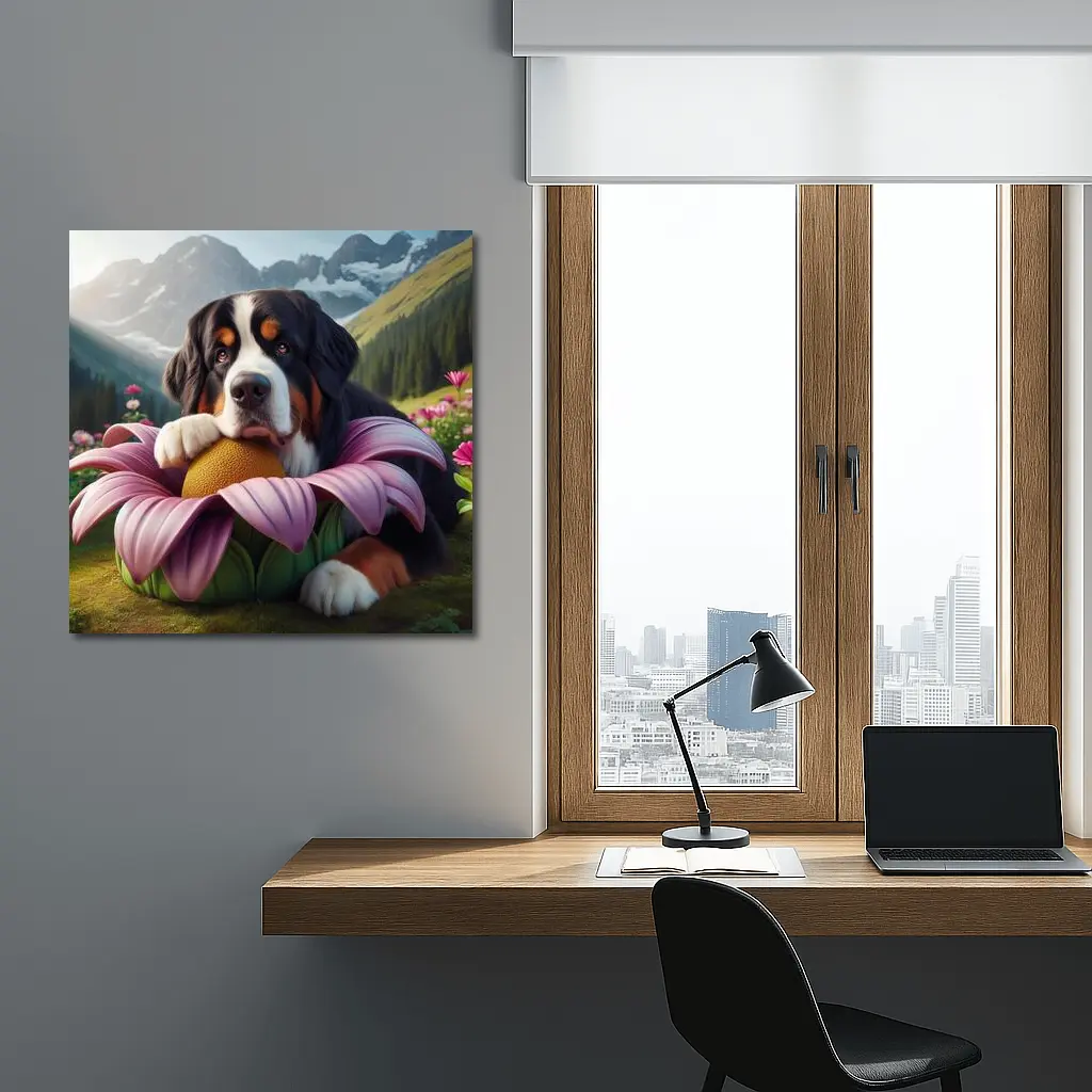 Bernese Mountain Dog Resting on Pink Flower – Wall Art
