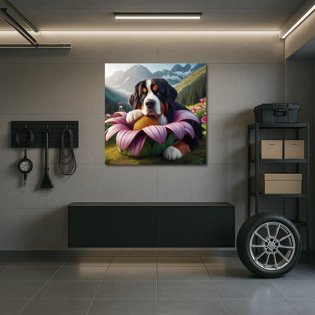 Bernese Mountain Dog Resting on Pink Flower – Wall Art
