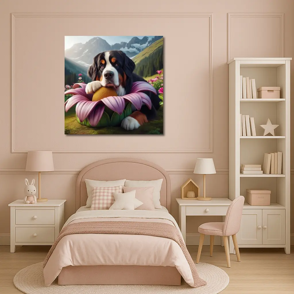 Bernese Mountain Dog Resting on Pink Flower – Wall Art