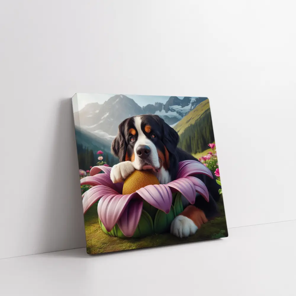 Bernese Mountain Dog Resting on Pink Flower – Wall Art