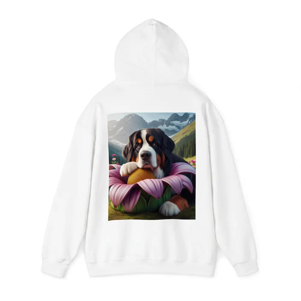 Bernese Mountain Dog Resting on Pink Flower – Hoodies
