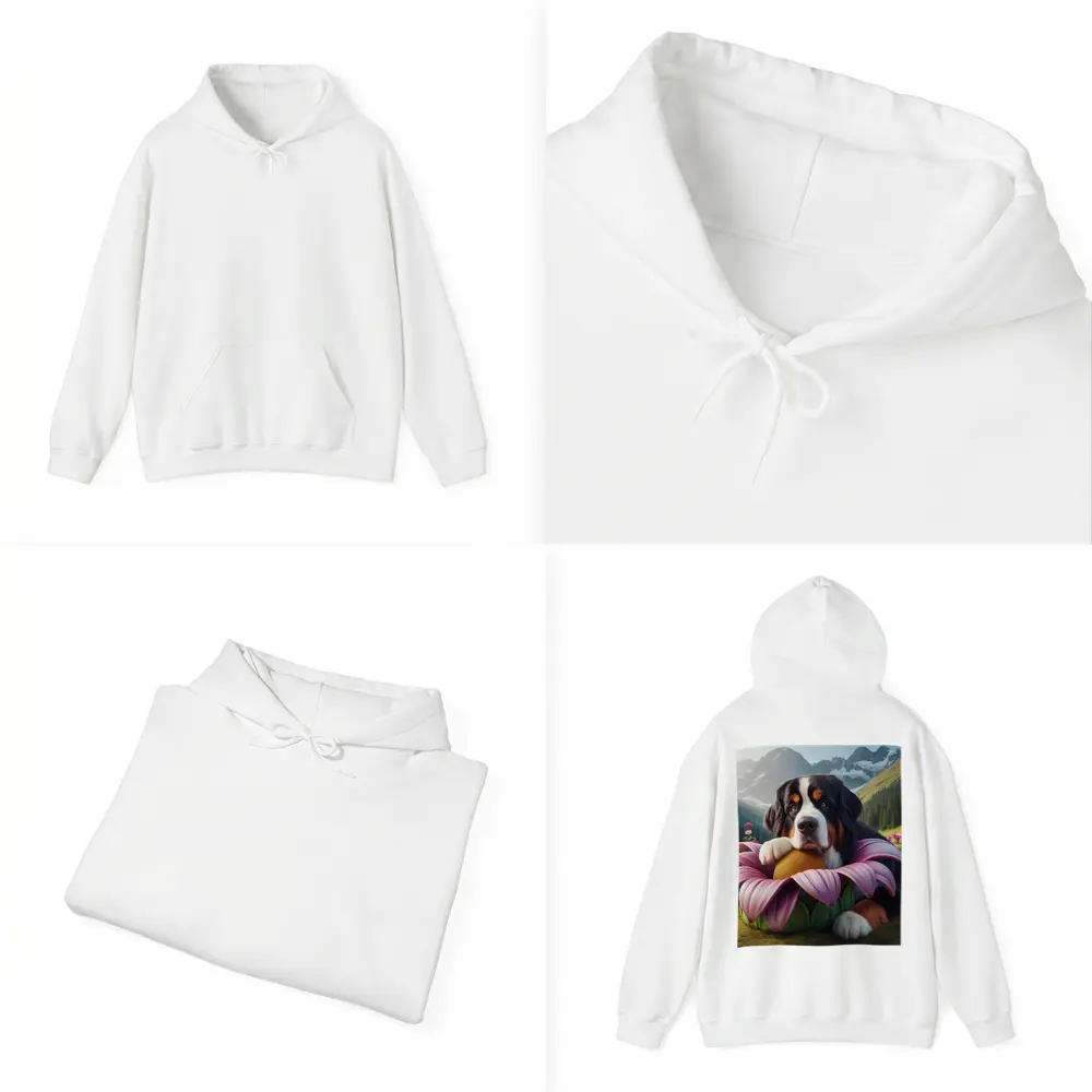 Bernese Mountain Dog Resting on Pink Flower – Hoodies