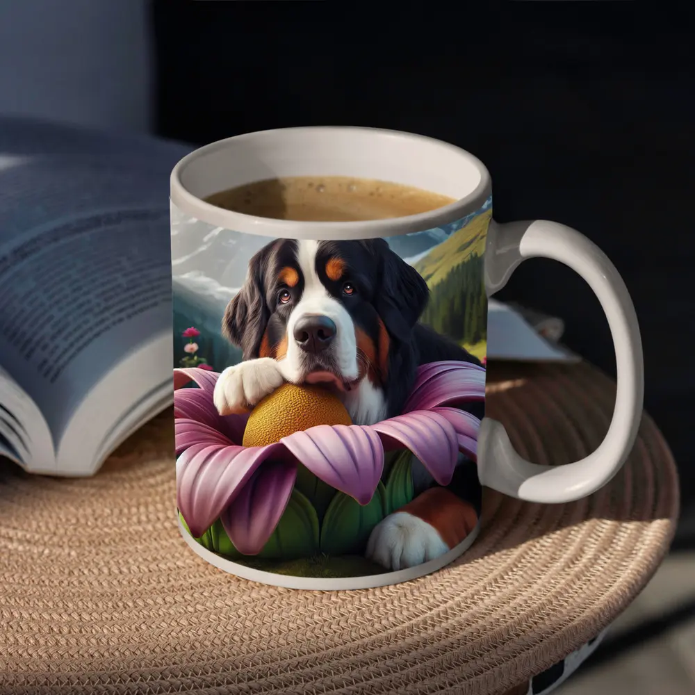 Bernese Mountain Dog Resting on Pink Flower – Mugs