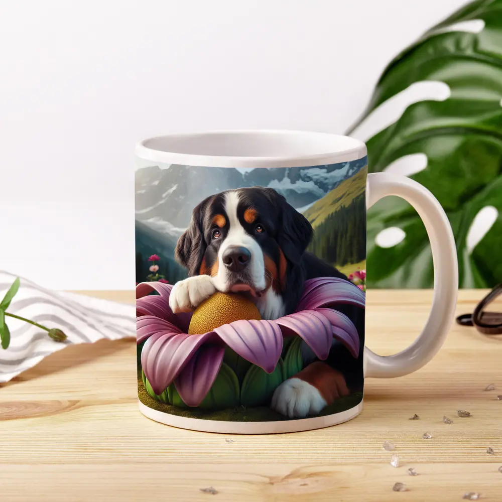 Bernese Mountain Dog Resting on Pink Flower – Mugs