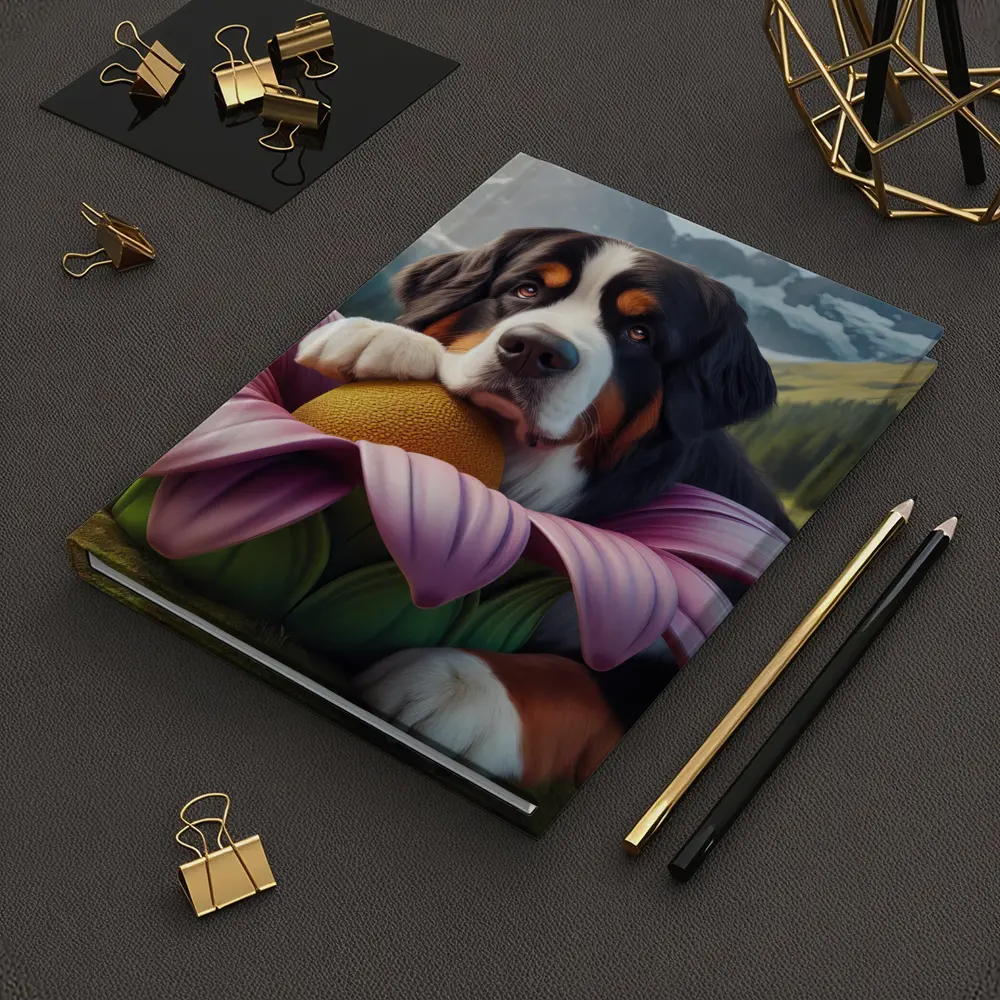 Bernese Mountain Dog Resting on Pink Flower – Notebooks