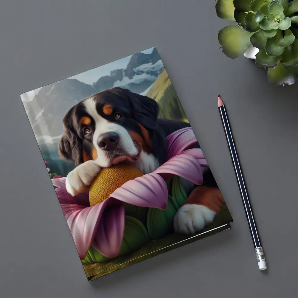 Bernese Mountain Dog Resting on Pink Flower – Notebooks