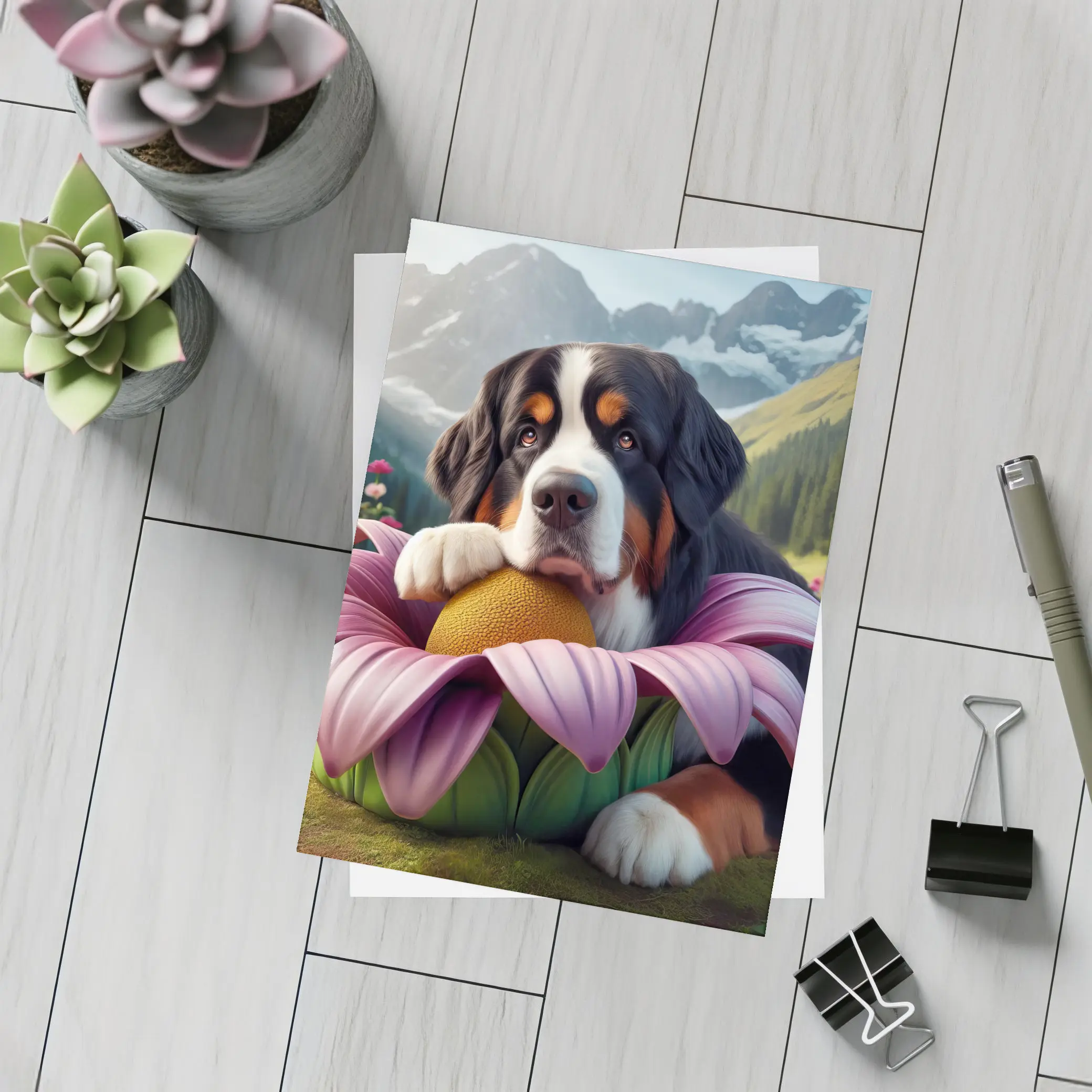 Bernese Mountain Dog Resting on Pink Flower – Postcards