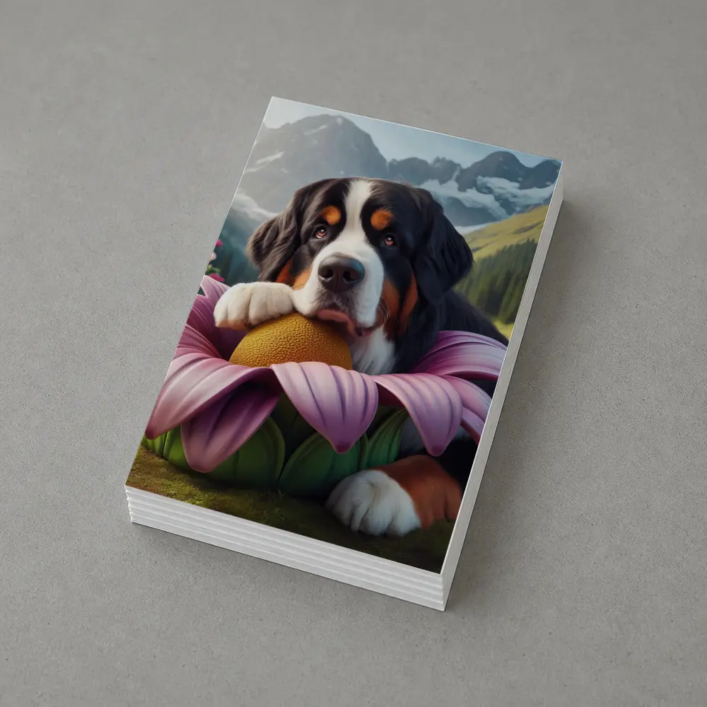 Bernese Mountain Dog Resting on Pink Flower – Postcards
