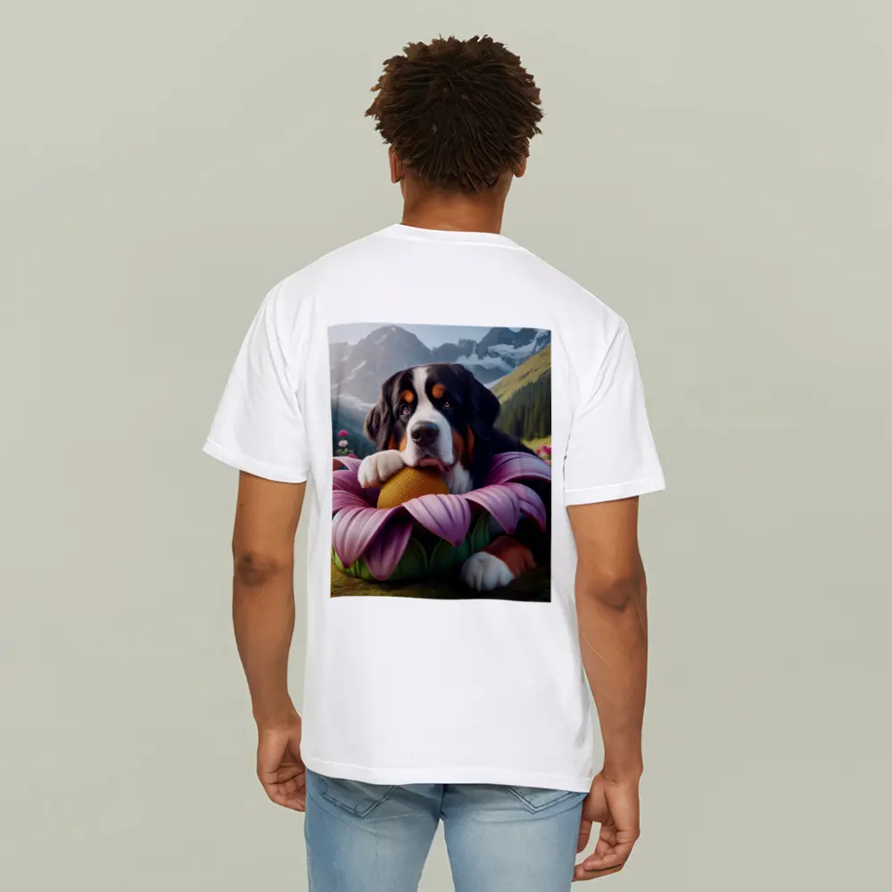 Bernese Mountain Dog Resting on Pink Flower – T-Shirts