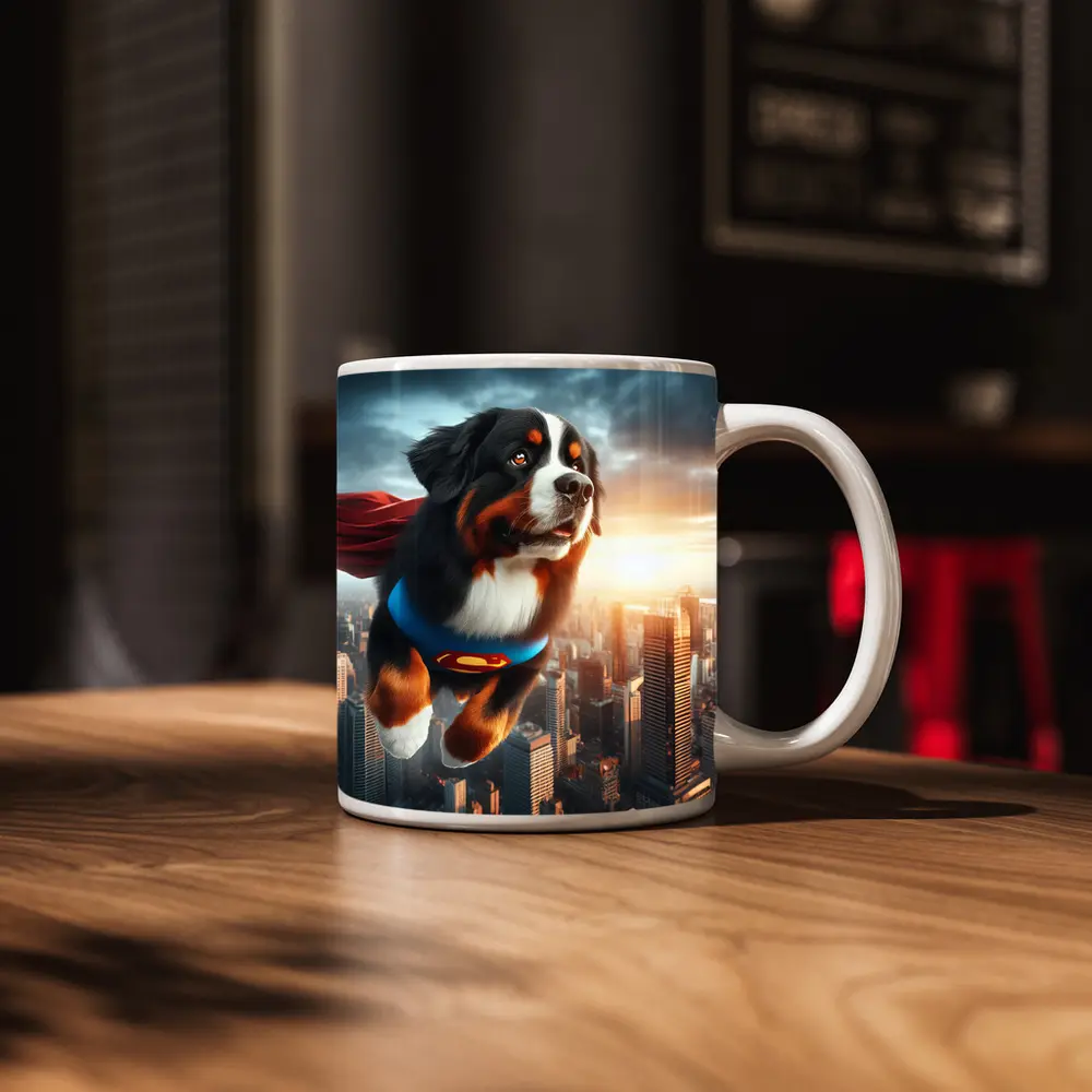 Bernese Mountain Dog Superman Flying City – Mugs