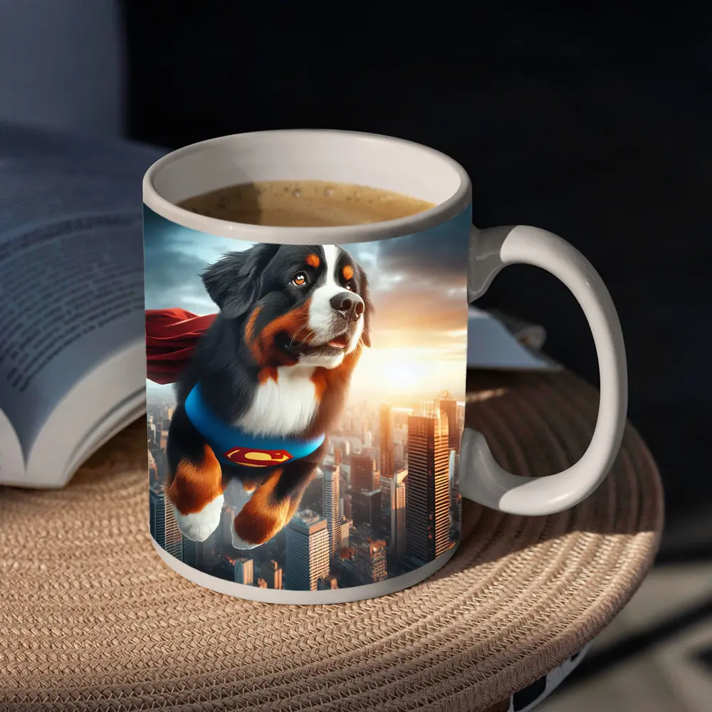 Bernese Mountain Dog Superman Flying City – Mugs