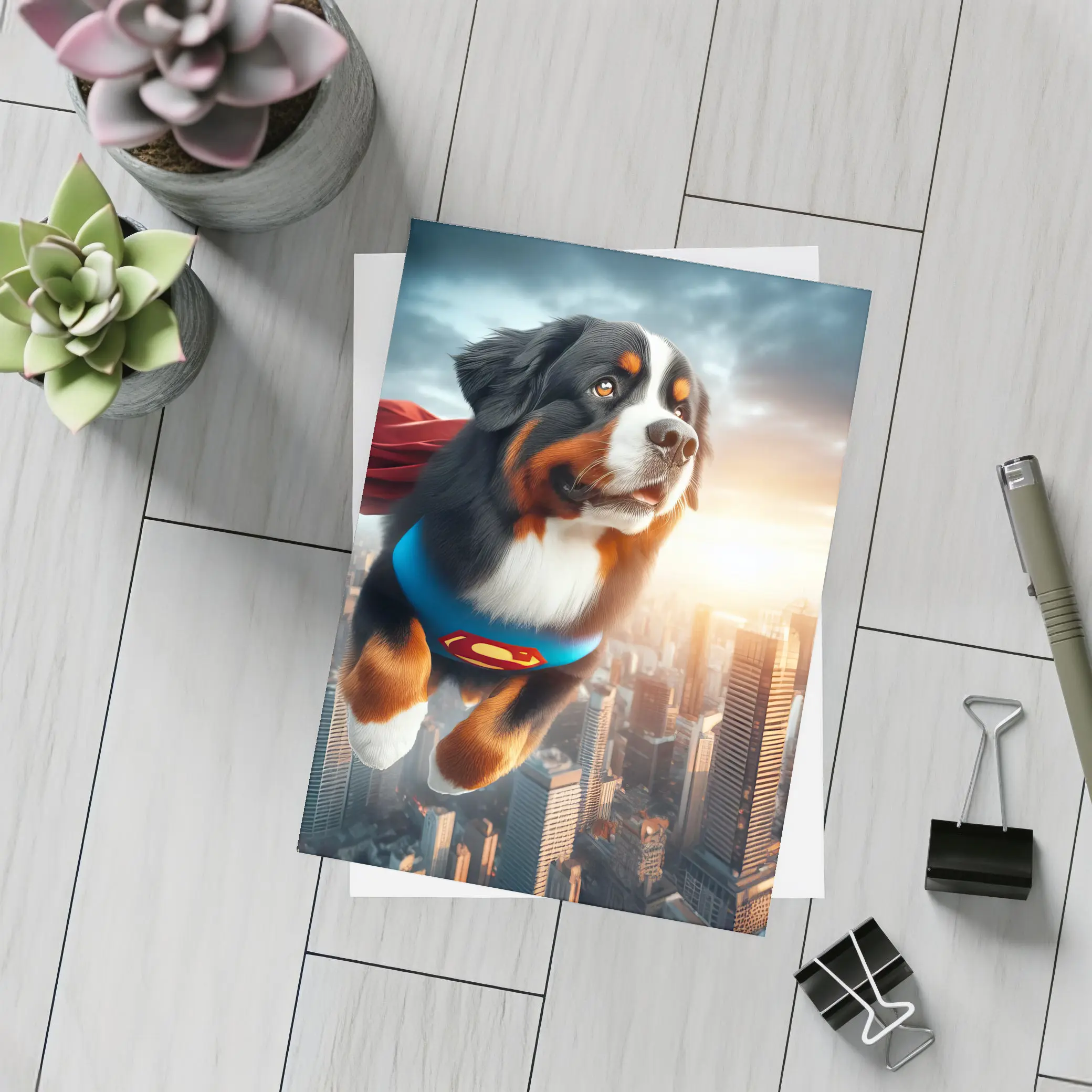 Bernese Mountain Dog Superman Flying City – Postcards