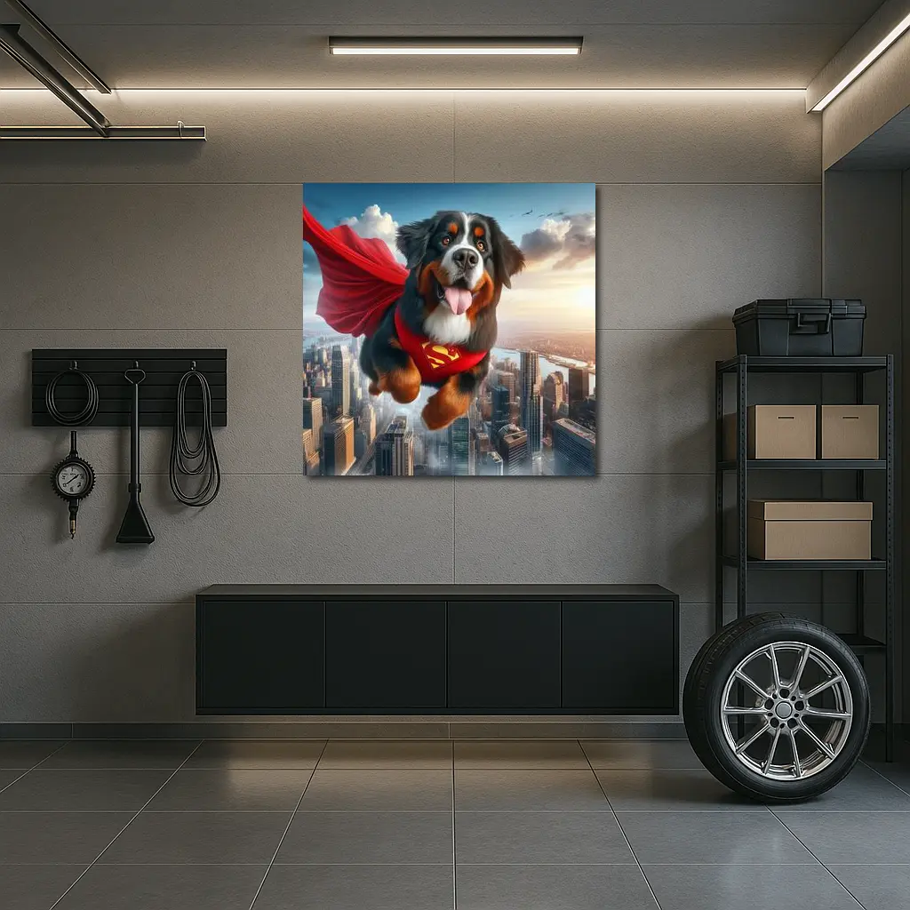Bernese Mountain Dog Superhero Flying City – Wall Art