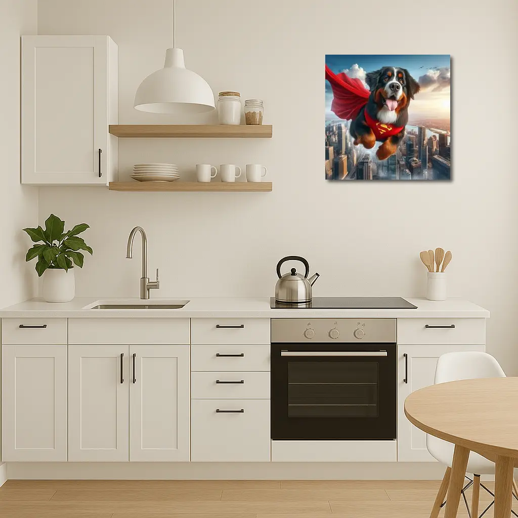 Bernese Mountain Dog Superhero Flying City – Wall Art