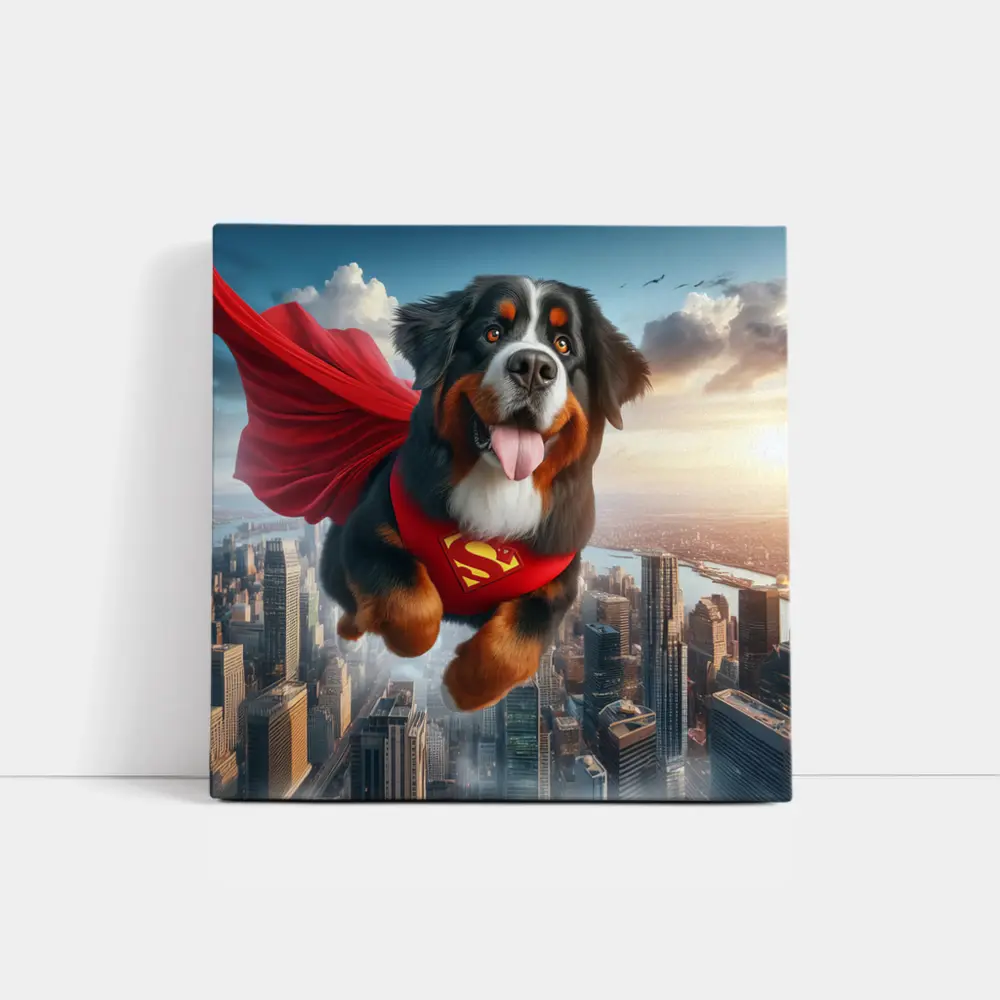 Bernese Mountain Dog Superhero Flying City – Wall Art