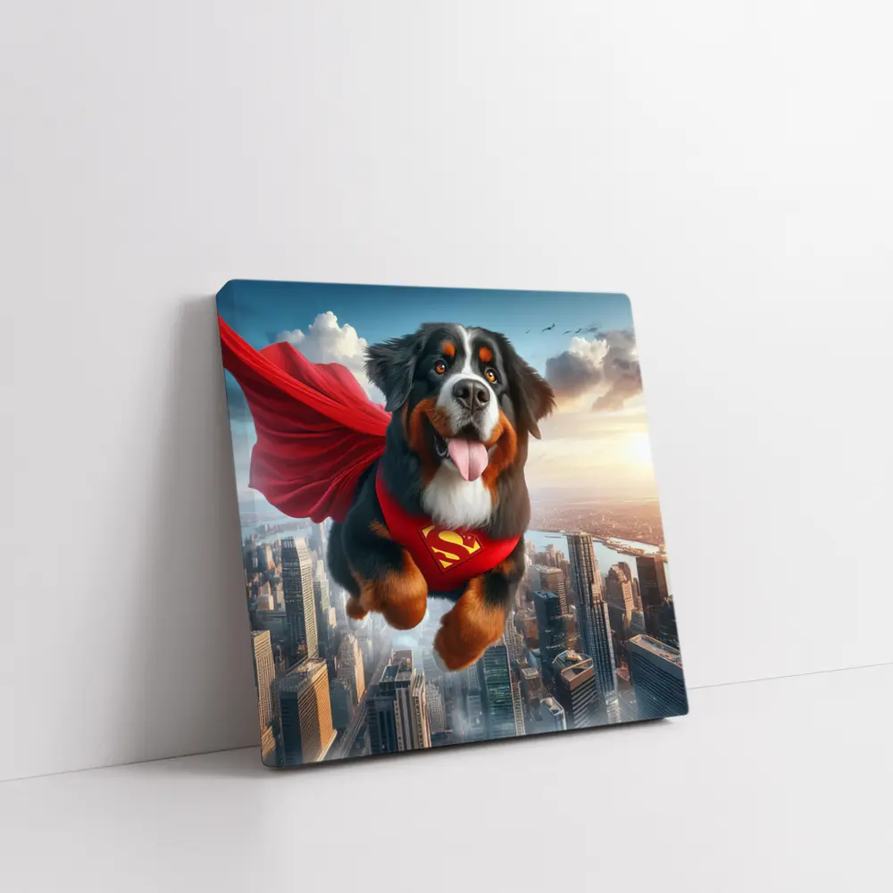 Bernese Mountain Dog Superhero Flying City – Wall Art