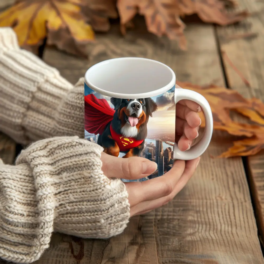 Bernese Mountain Dog Superhero Flying City – Mugs