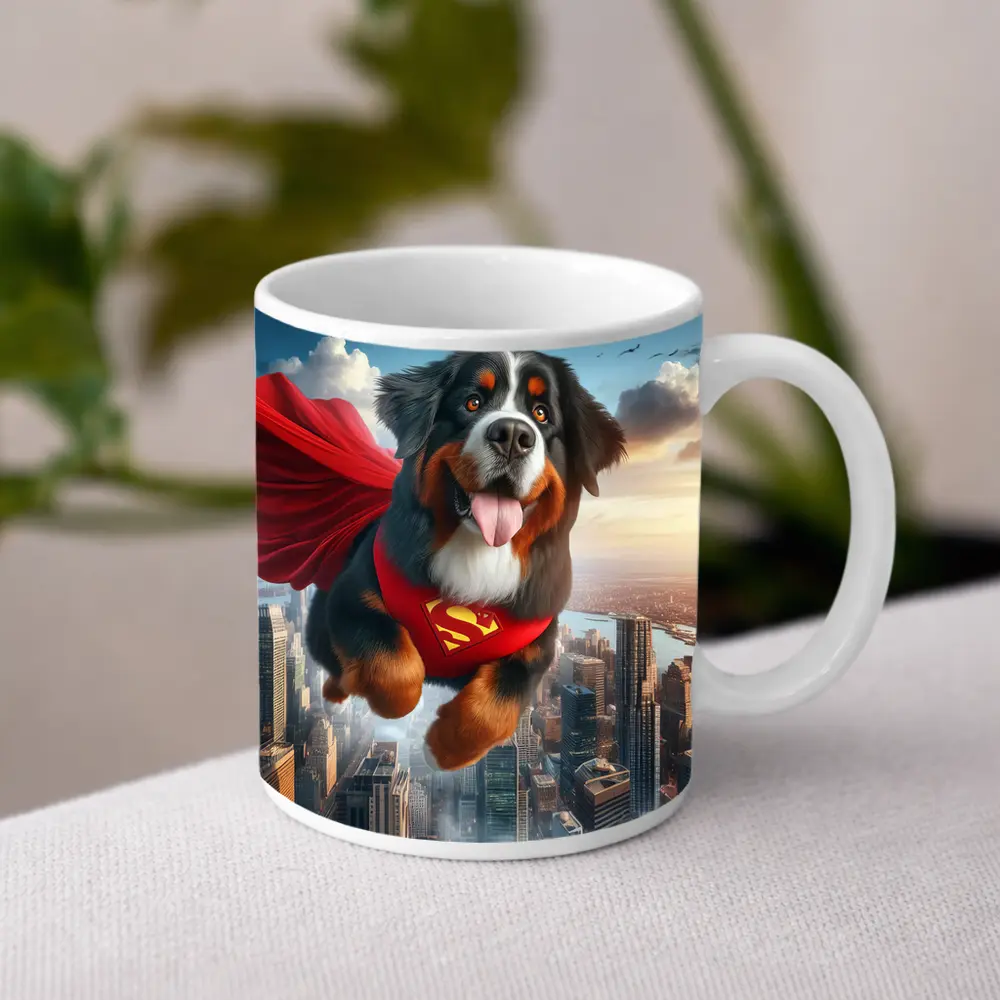 Bernese Mountain Dog Superhero Flying City – Mugs