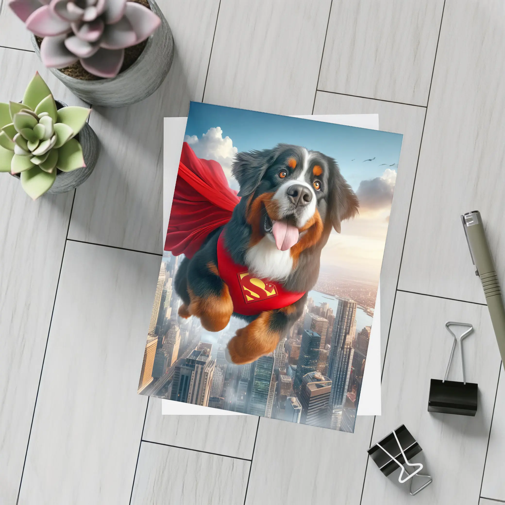 Bernese Mountain Dog Superhero Flying City – Postcards