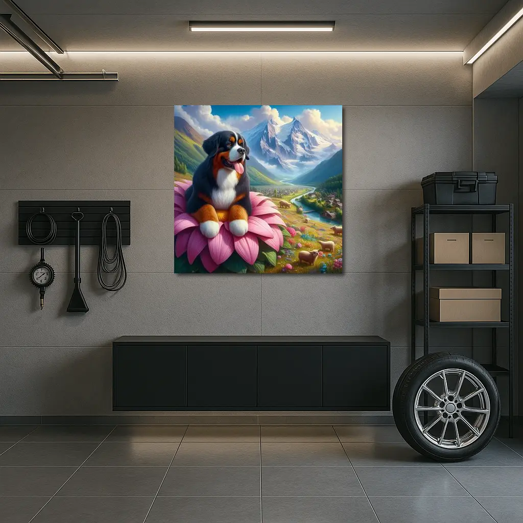 Bernese Mountain Dog Sitting on Pink Flower – Wall Art