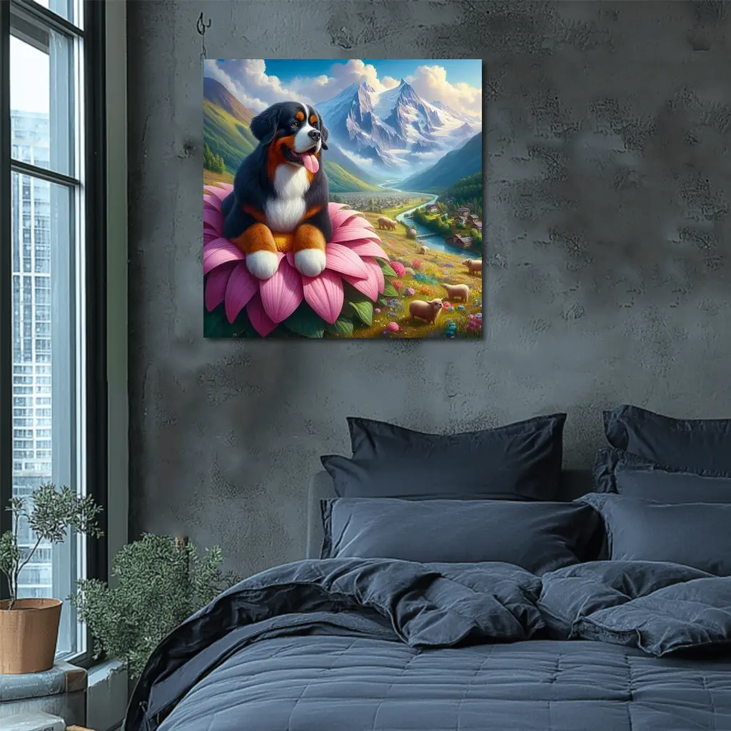 Bernese Mountain Dog Sitting on Pink Flower – Wall Art