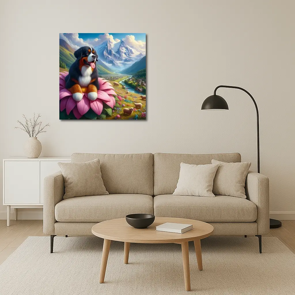 Bernese Mountain Dog Sitting on Pink Flower – Wall Art
