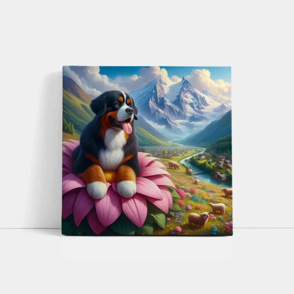 Bernese Mountain Dog Sitting on Pink Flower – Wall Art