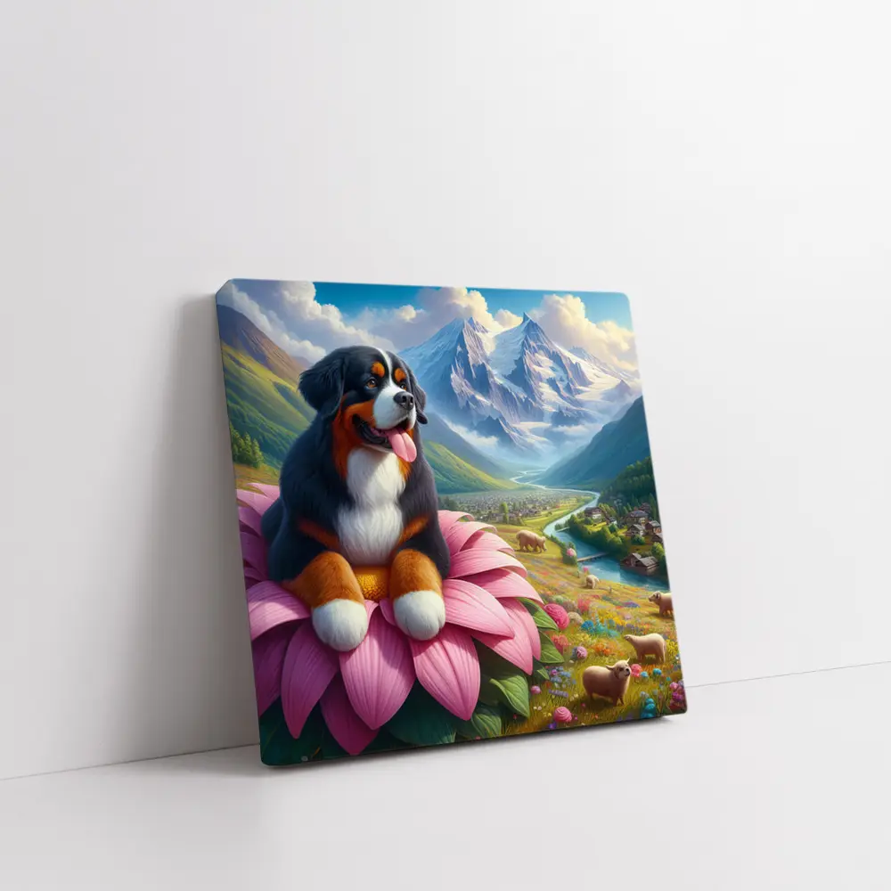 Bernese Mountain Dog Sitting on Pink Flower – Wall Art