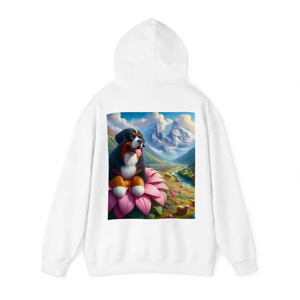 Bernese Mountain Dog Sitting on Pink Flower – Hoodies
