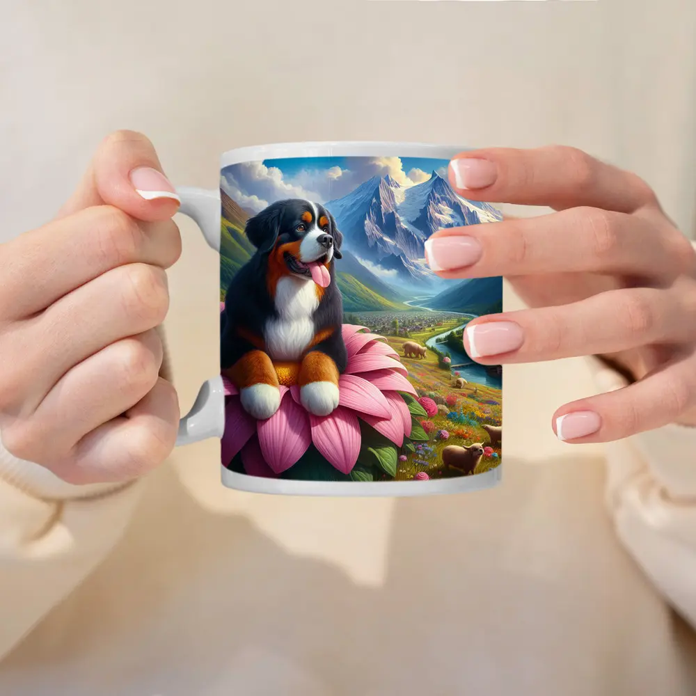 Bernese Mountain Dog Sitting on Pink Flower – Mugs