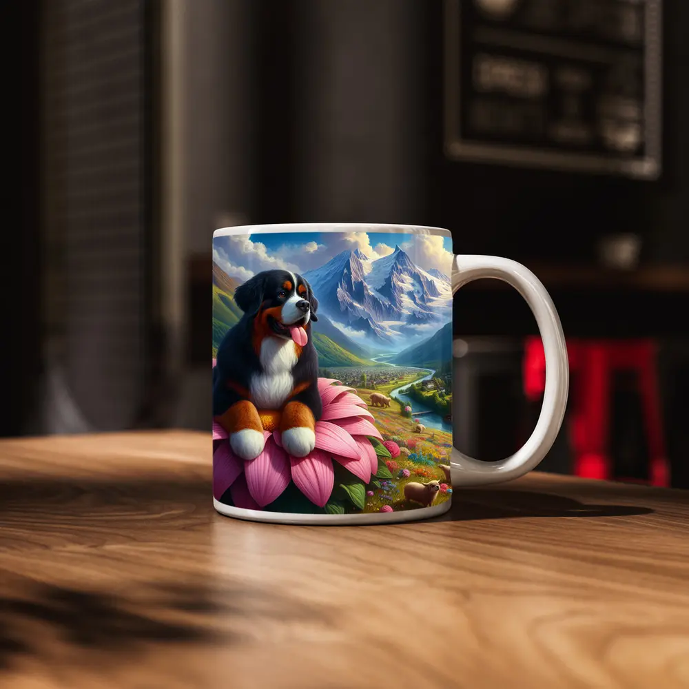 Bernese Mountain Dog Sitting on Pink Flower – Mugs