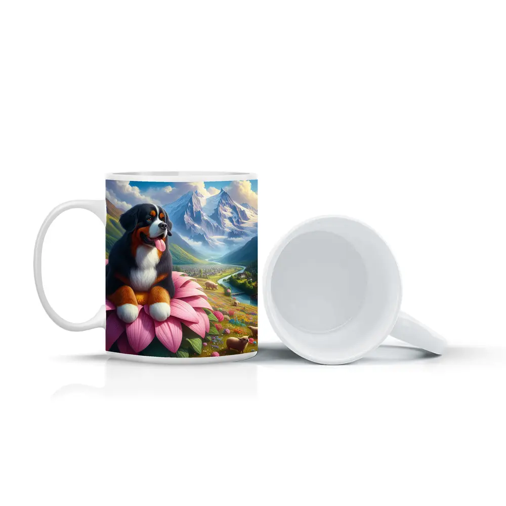 Bernese Mountain Dog Sitting on Pink Flower – Mugs