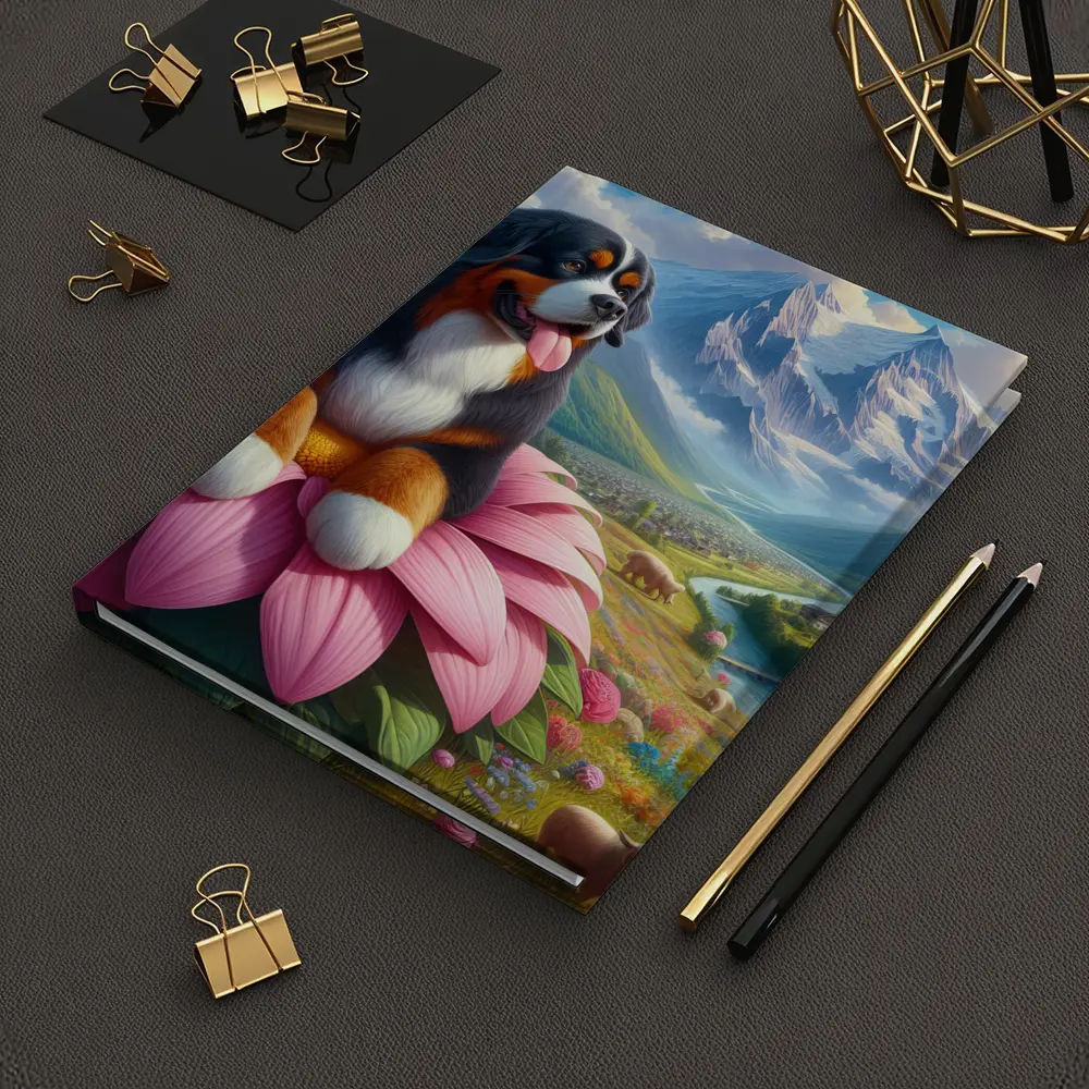 Bernese Mountain Dog Sitting on Pink Flower – Notebooks