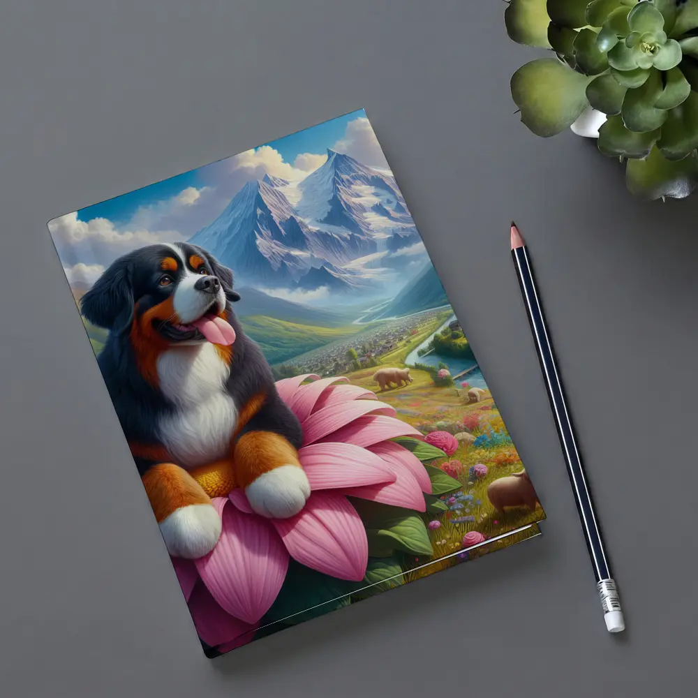 Bernese Mountain Dog Sitting on Pink Flower – Notebooks