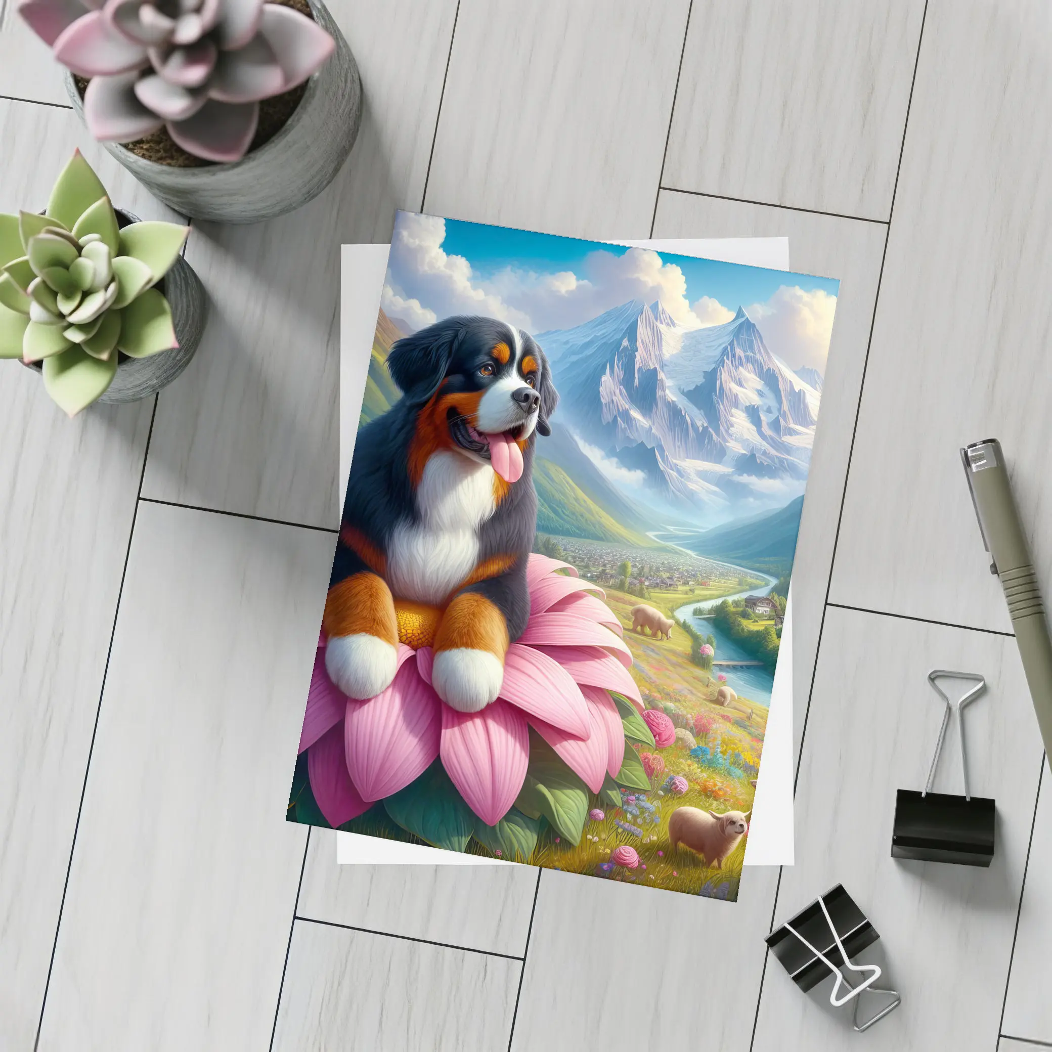 Bernese Mountain Dog Sitting on Pink Flower – Postcards