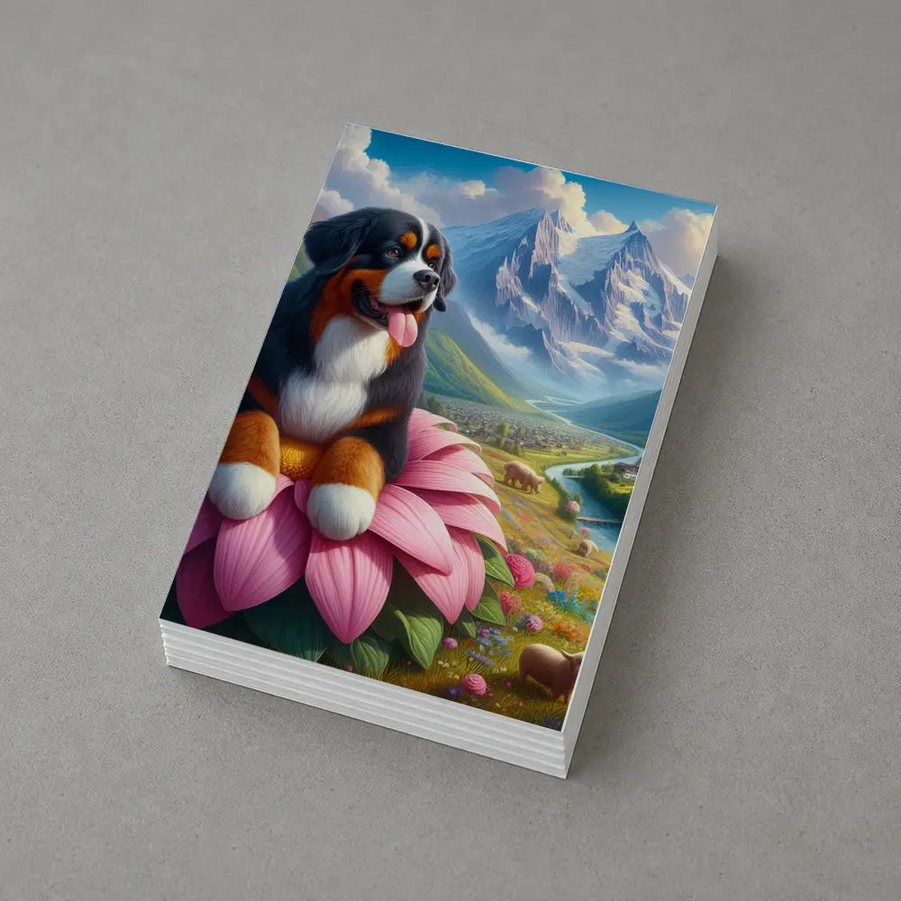 Bernese Mountain Dog Sitting on Pink Flower – Postcards
