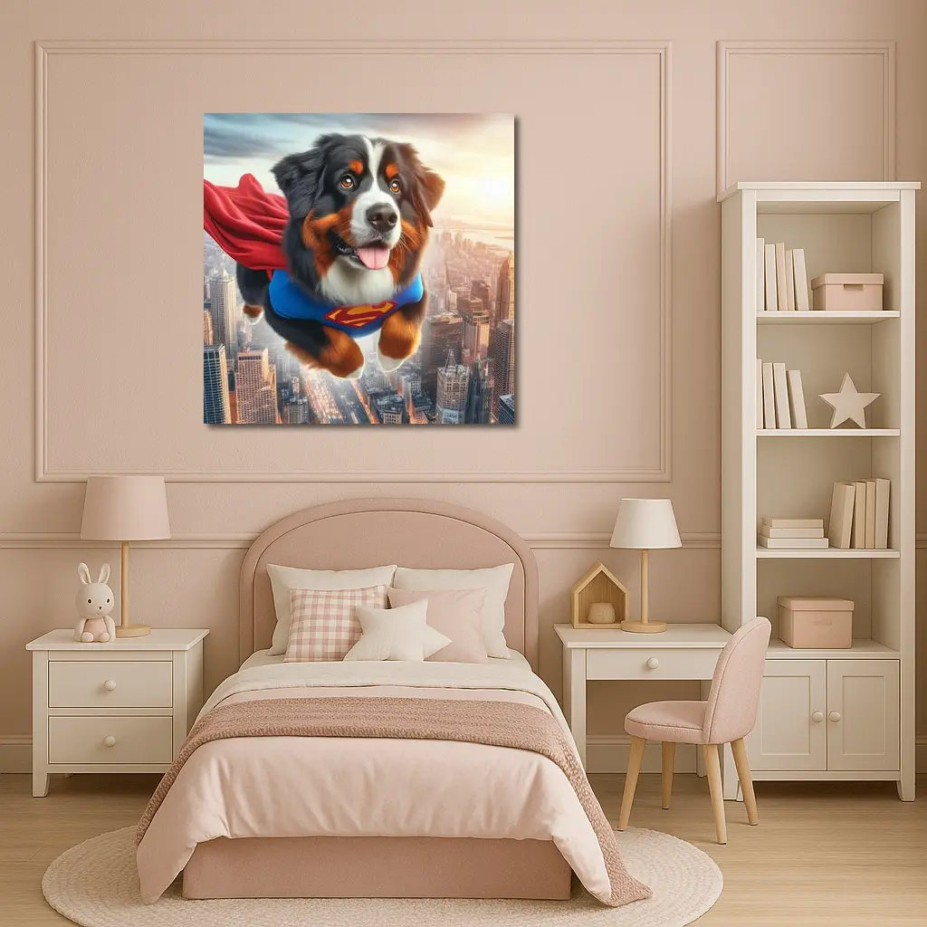 Bernese Mountain Dog Superhero Flying City – Wall Art