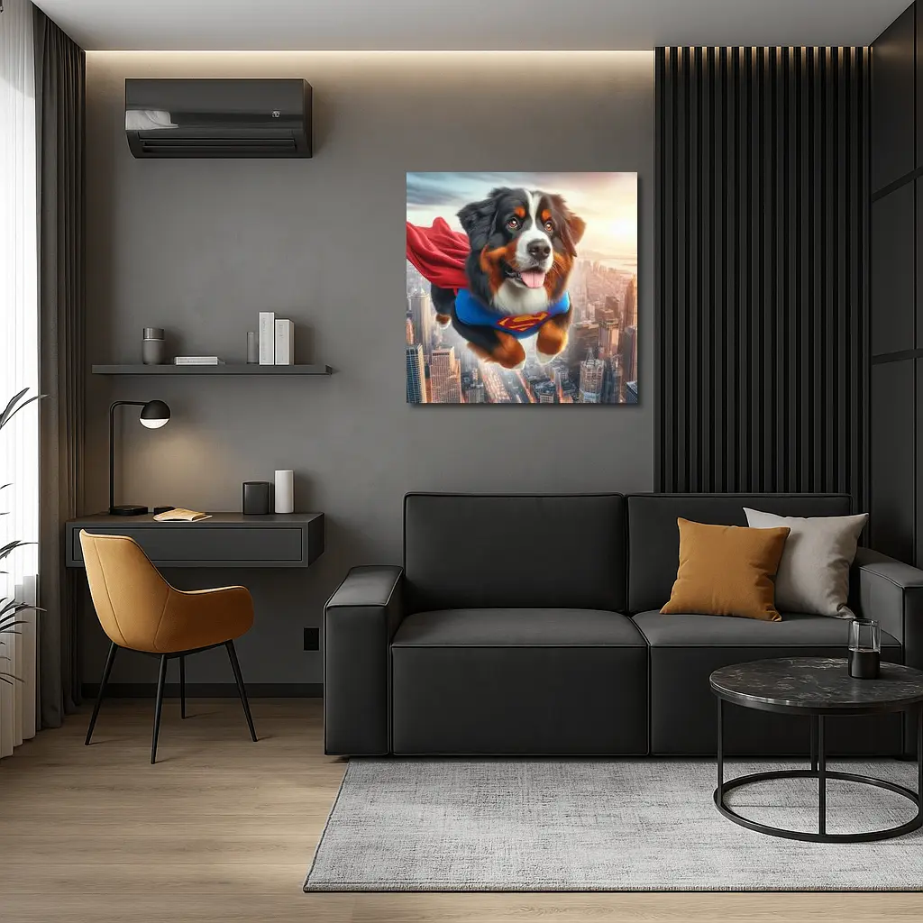 Bernese Mountain Dog Superhero Flying City – Wall Art