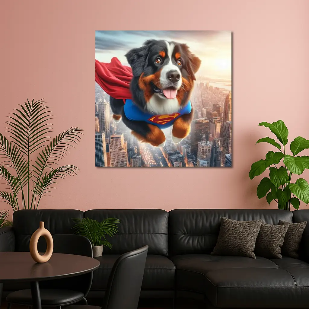 Bernese Mountain Dog Superhero Flying City – Wall Art