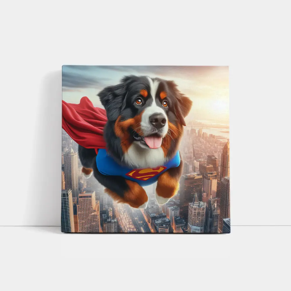 Bernese Mountain Dog Superhero Flying City – Wall Art
